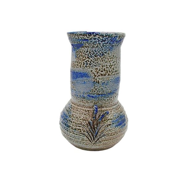 Vintage Handcrafted Pottery Vase Jar Floral Blue Gray Brown 8" Signed DW '87 - Picture 3 of 12
